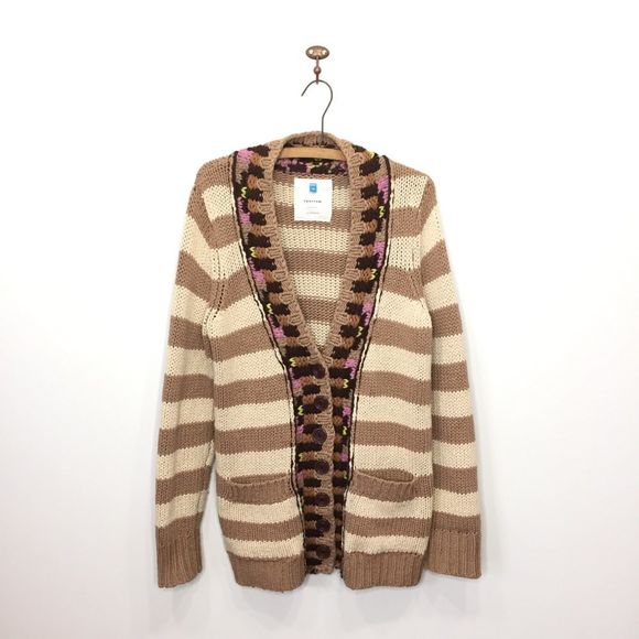Anthro Sparrow Hopi Basket tan cream striped button front cardigan sweater M - Picture 1 of 8